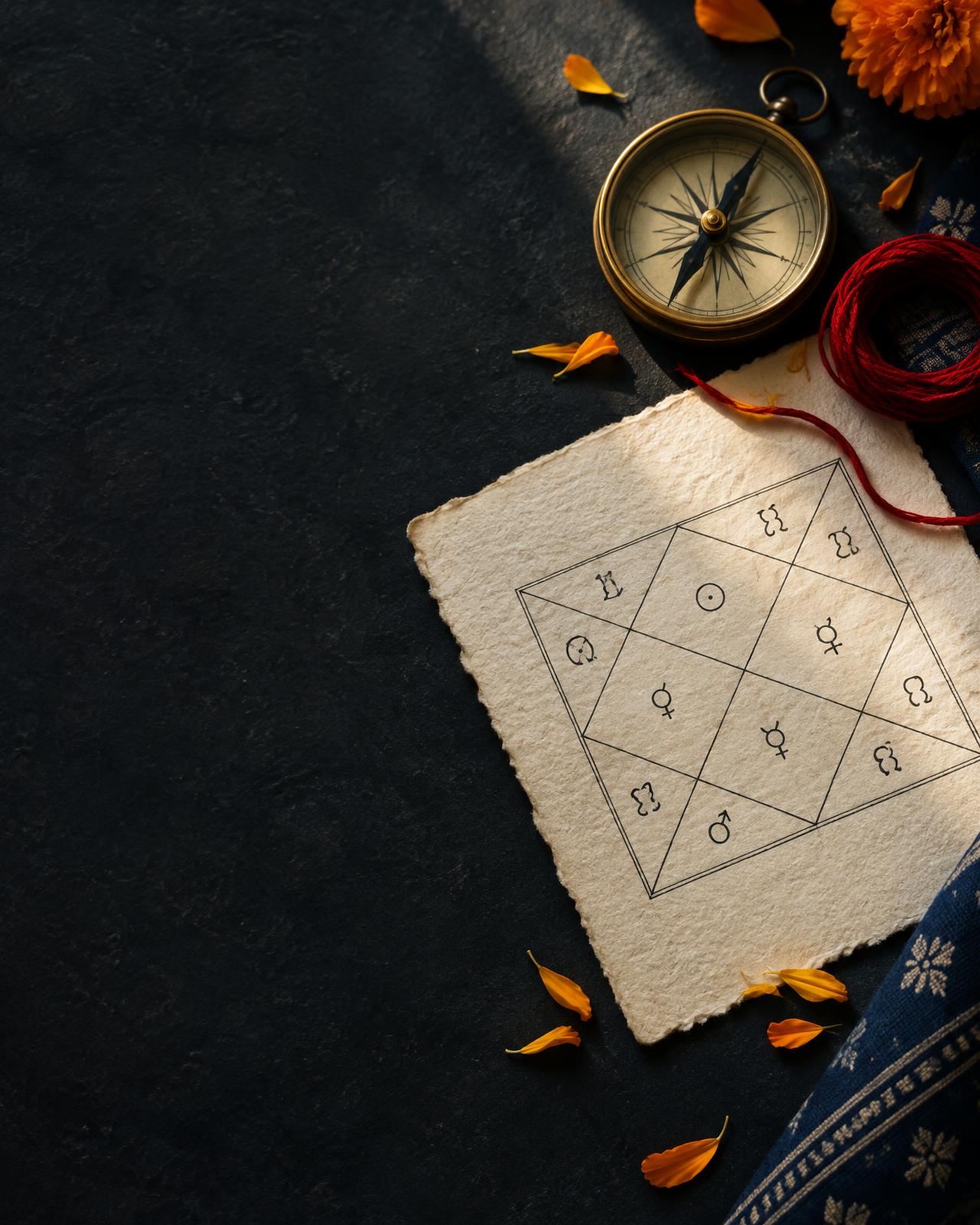 A traditional kundli chart beside a brass compass